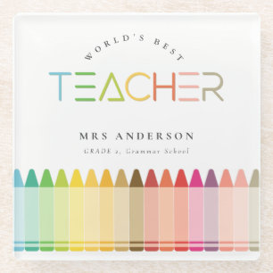 World's Best Teacher Rainbow Crayon Colours Glass Coaster