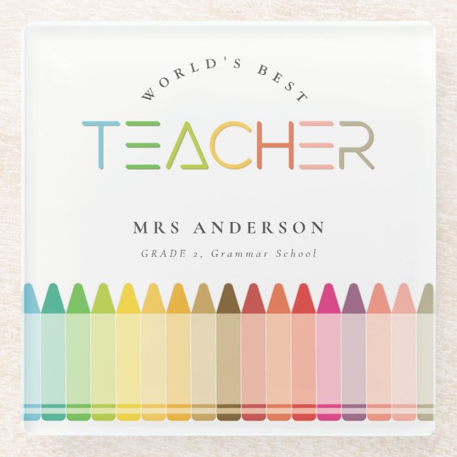 World's Best Teacher Rainbow Crayon Colours Glass Coaster (Front)