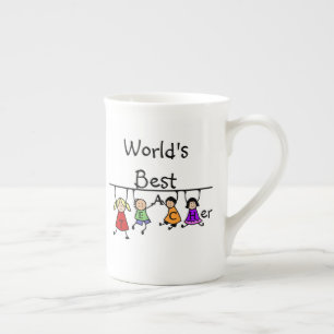 World's Best Teacher with Kids Cartoon Coffee Bone China Mug