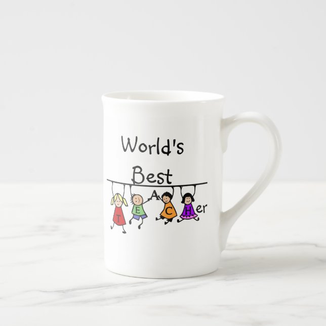 World's Best Teacher with Kids Cartoon Coffee Bone China Mug (Right)