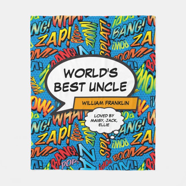 World's Best Uncle Colourful Modern Cool Fun Comic Fleece Blanket (Front)
