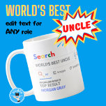 WORLDS BEST UNCLE - Funny Search TOP Result Coffee Mug<br><div class="desc">The World's Best Personalised Customisable Search Engine Novelty Gag Gift Mug. Perfect for ANYONE (just add their name and award title) for ANY occasion. You can edit the text to make this award for the world's best, no.1, number 1, greatest, coolest, hottest, smartest, bestest, baddest, worst ... add whatever you...</div>