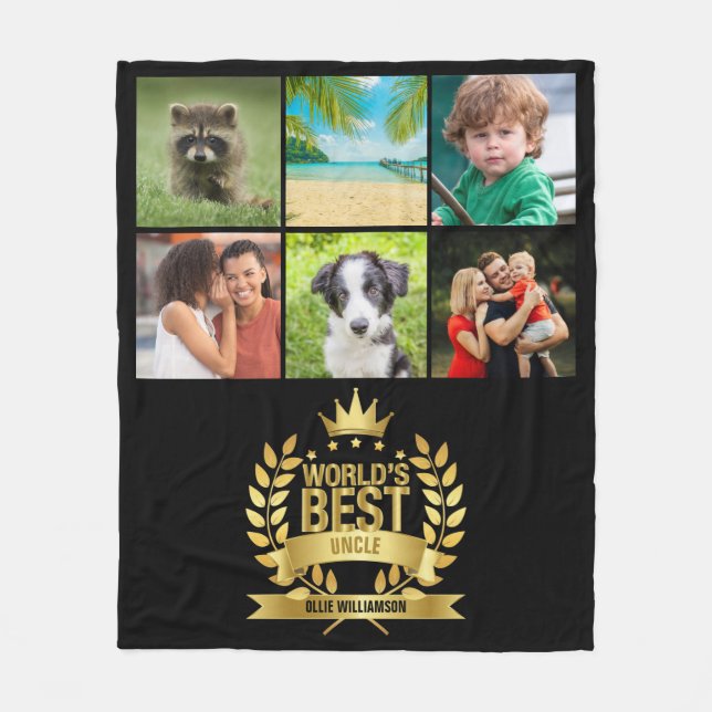 World's Best Uncle Photo Collage Gold Black Fleece Blanket (Front)