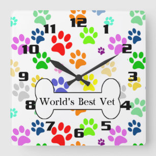 world's best vet Colourful Pet Paws Square Wall Clock