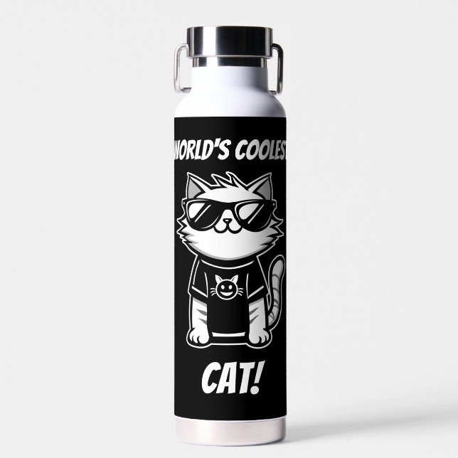 Worlds Coolest Cat with Sunglasses Black Water Bottle (Front)
