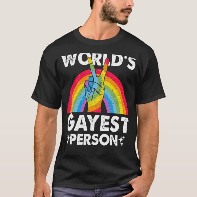Worlds Gayest Person Proud Gay Pride Month Rainbow T-Shirt (Front)