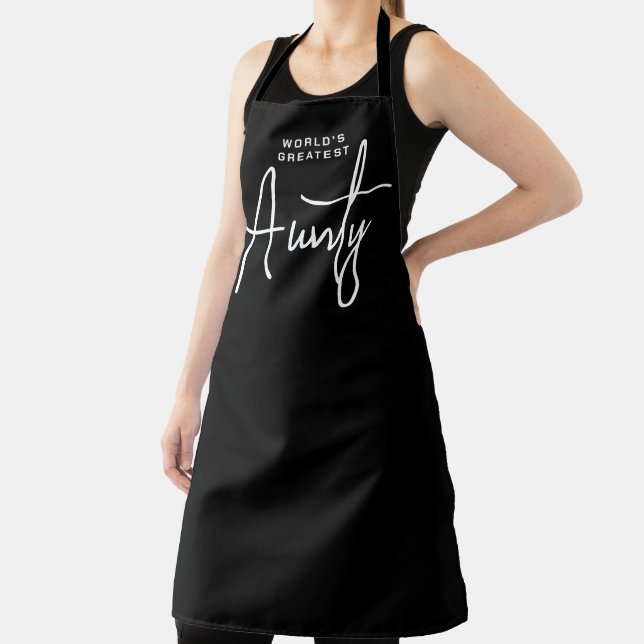 World's Greatest Aunty black BBQ apron for women (Insitu)