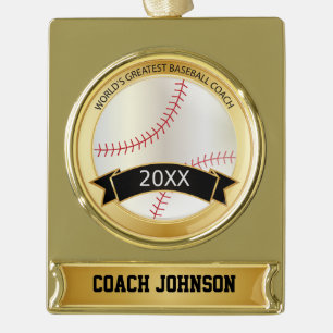 World's Greatest Baseball Coach   Personalise   Gold Plated Banner Ornament