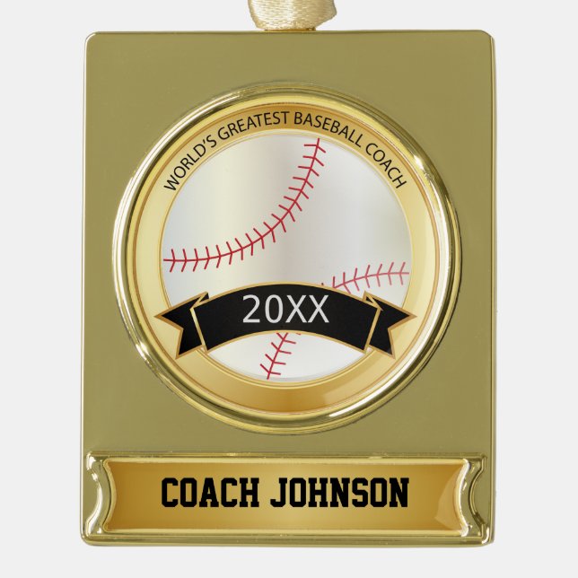 World's Greatest Baseball Coach | Personalise | Gold Plated Banner Ornament (Front)