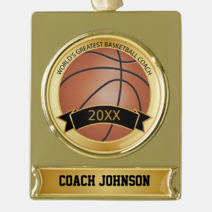 World's Greatest Basketball Coach Personalise Gold Plated Banner Ornament