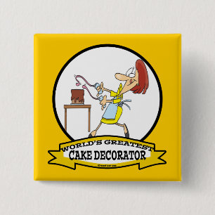 WORLDS GREATEST CAKE DECORATOR WOMEN CARTOON 15 CM SQUARE BADGE