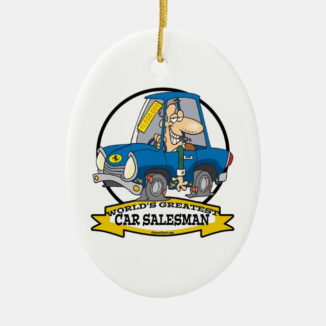 WORLDS GREATEST CAR SALESMAN MEN CARTOON CERAMIC TREE DECORATION (Front)