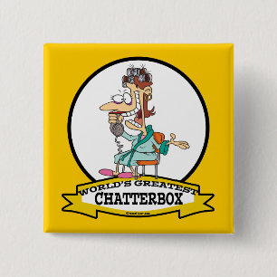 WORLDS GREATEST CHATTERBOX WOMEN CARTOON 15 CM SQUARE BADGE