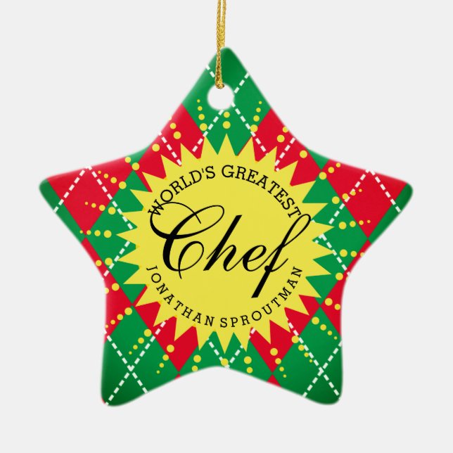 Worlds Greatest Chef argyle Christmas ornament (Front)