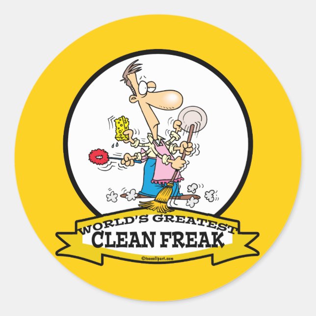 WORLDS GREATEST CLEAN FREAK MEN CARTOON CLASSIC ROUND STICKER (Front)