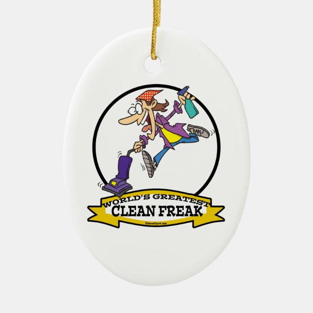 WORLDS GREATEST CLEAN FREAK WOMEN CARTOON CERAMIC TREE DECORATION (Front)