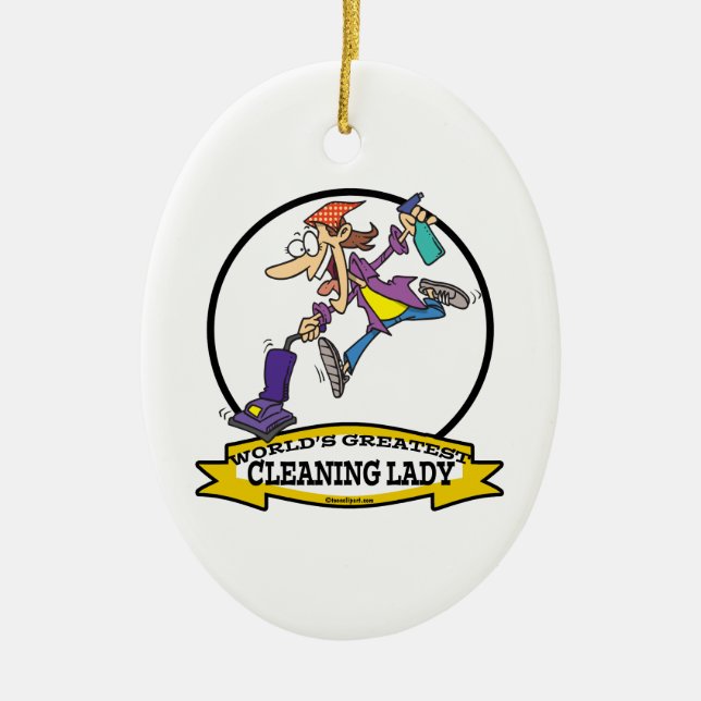 WORLDS GREATEST CLEANING LADY II WOMEN CARTOON CERAMIC TREE DECORATION (Front)