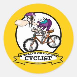 WORLDS GREATEST CYCLIST MEN CARTOON CLASSIC ROUND STICKER