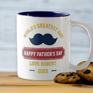 Worlds Greatest Dad - Blue Moustache Father's Day Two-Tone Coffee Mug