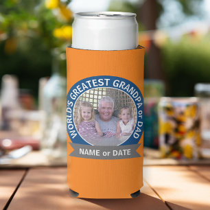 World's Greatest Dad Grandpa Photo orange blue Seltzer Can Cooler