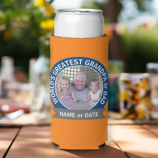 World's Greatest Dad Grandpa Photo orange blue Seltzer Can Cooler