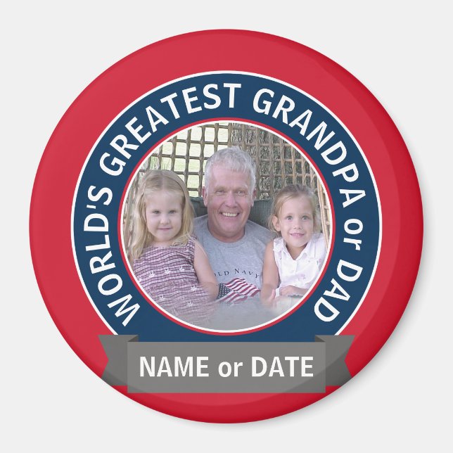 World's Greatest Dad Grandpa Photo red white blue Magnet (Front)