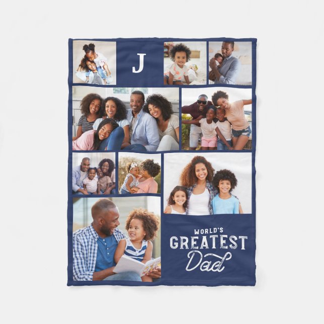 Worlds Greatest Dad Monogram Photo Grid Collage Fleece Blanket (Front)