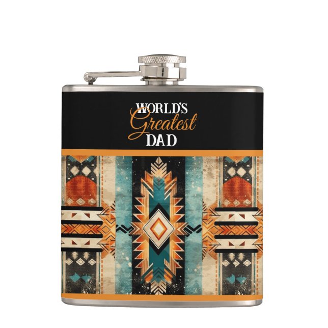 World's Greatest Dad Native American Aztec Design Hip Flask (Front)
