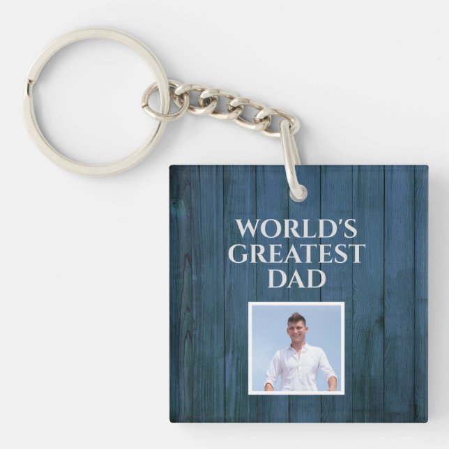 World's Greatest Dad - Photo On Rustic Blue Wood  Key Ring (Front)