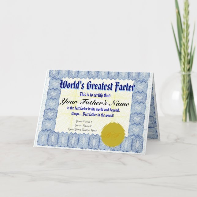 World's Greatest Farter Certificate Father Prank Card (Front)