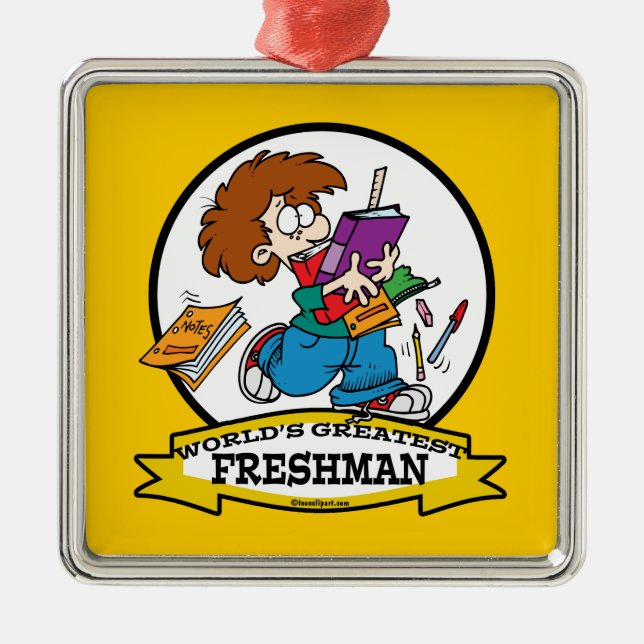 WORLDS GREATEST FRESHMAN BOY CARTOON METAL TREE DECORATION (Front)