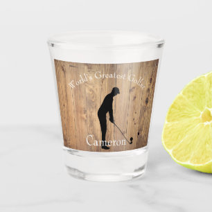 Worlds Greatest Golfer Silhouette on Wood Fence Shot Glass