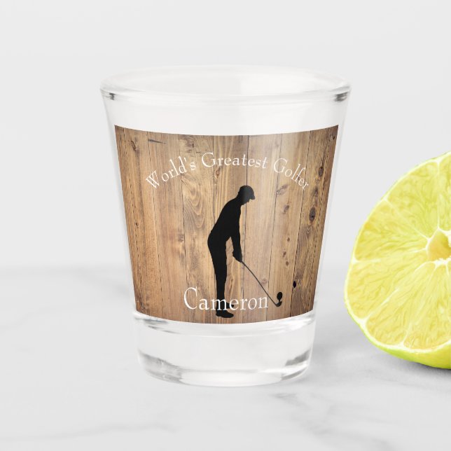 Worlds Greatest Golfer Silhouette on Wood Fence Shot Glass (Front)