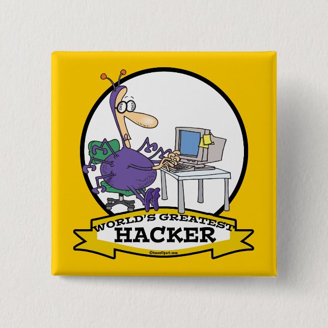 WORLDS GREATEST HACKER CARTOON 15 CM SQUARE BADGE (Front)