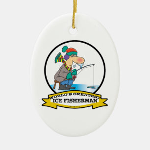 WORLDS GREATEST ICE FISHERMAN MEN CARTOON CERAMIC TREE DECORATION