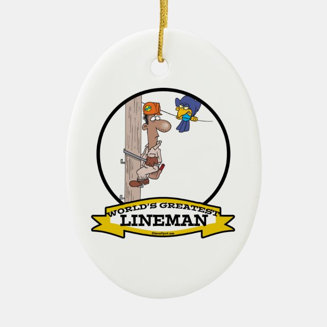 WORLDS GREATEST LINEMAN MEN CARTOON CERAMIC TREE DECORATION (Front)