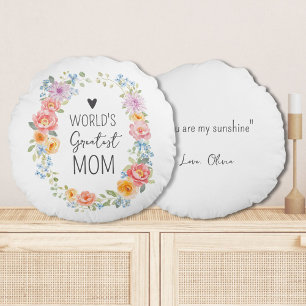World's Greatest Mum Custom Quote Colourful Floral Round Cushion