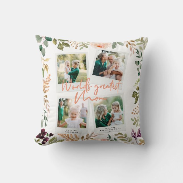 Worlds greatest Mum floral multi photo chic Cushion (Front)