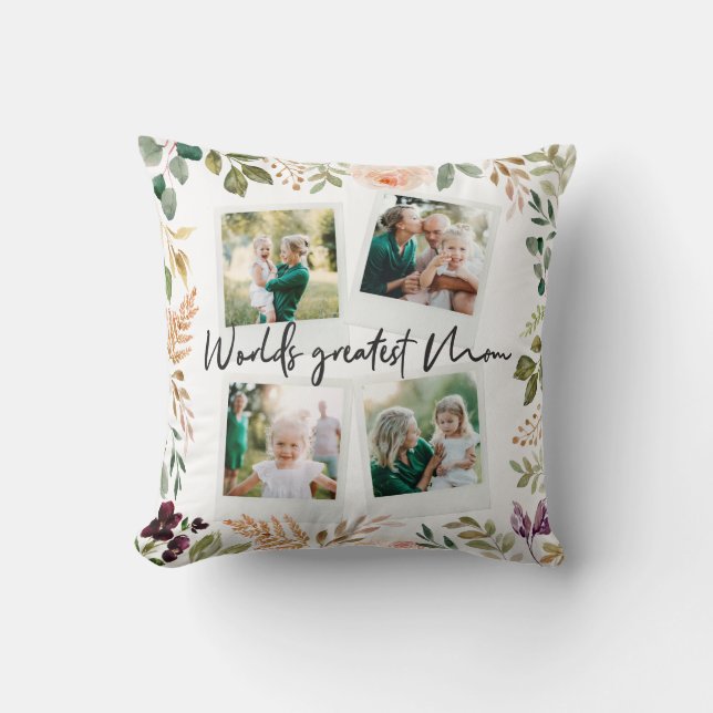 worlds greatest mum watercolor floral photo cushion (Front)