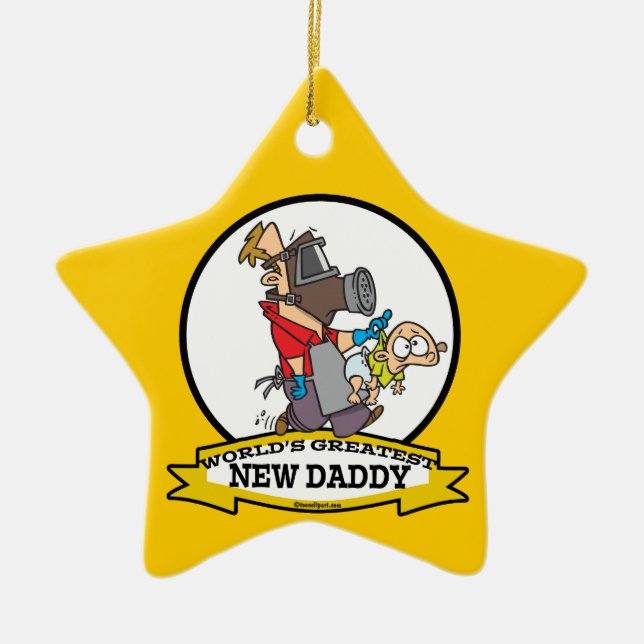 WORLDS GREATEST NEW DADDY MEN CARTOON CERAMIC TREE DECORATION (Front)