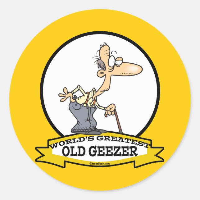 WORLDS GREATEST OLD GEEZER CARTOON CLASSIC ROUND STICKER (Front)
