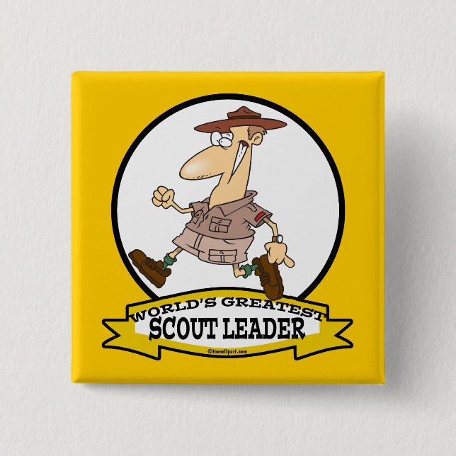 WORLDS GREATEST SCOUT LEADER MEN CARTOON 15 CM SQUARE BADGE (Front)