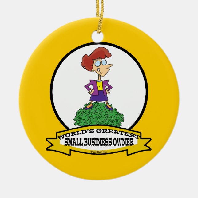 WORLDS GREATEST SMALL BUSINESS OWNER WOMAN CARTOON CERAMIC TREE DECORATION (Front)