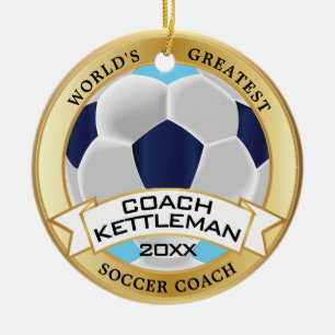 World's Greatest Soccer Coach Blue, Navy, White Ceramic Tree Decoration