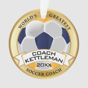 World's Greatest Soccer Coach Gold, Navy and White Ornament