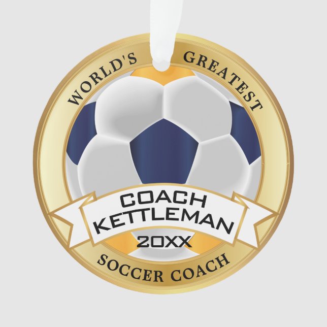 World's Greatest Soccer Coach Gold, Navy and White Ornament (Front)