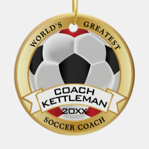 World's Greatest Soccer Coach Red , Black, White Ceramic Tree Decoration