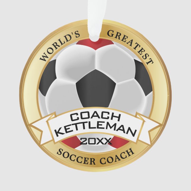 World's Greatest Soccer Coach Red, Black, White Ornament (Front)