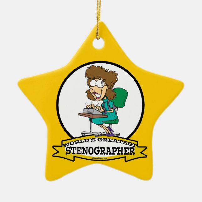 WORLDS GREATEST STENOGRAPHER WOMEN CARTOON CERAMIC TREE DECORATION (Front)