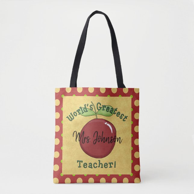 World's Greatest Teacher Apple & Dots with Name Tote Bag (Front)